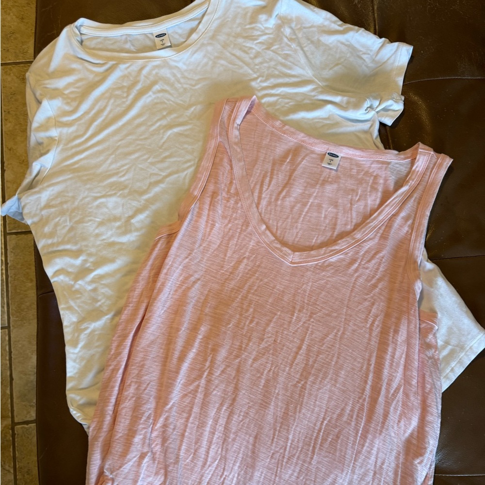 2 (two) old navy luxe tops - white SS w dolphin hem; pink sleeveless tank